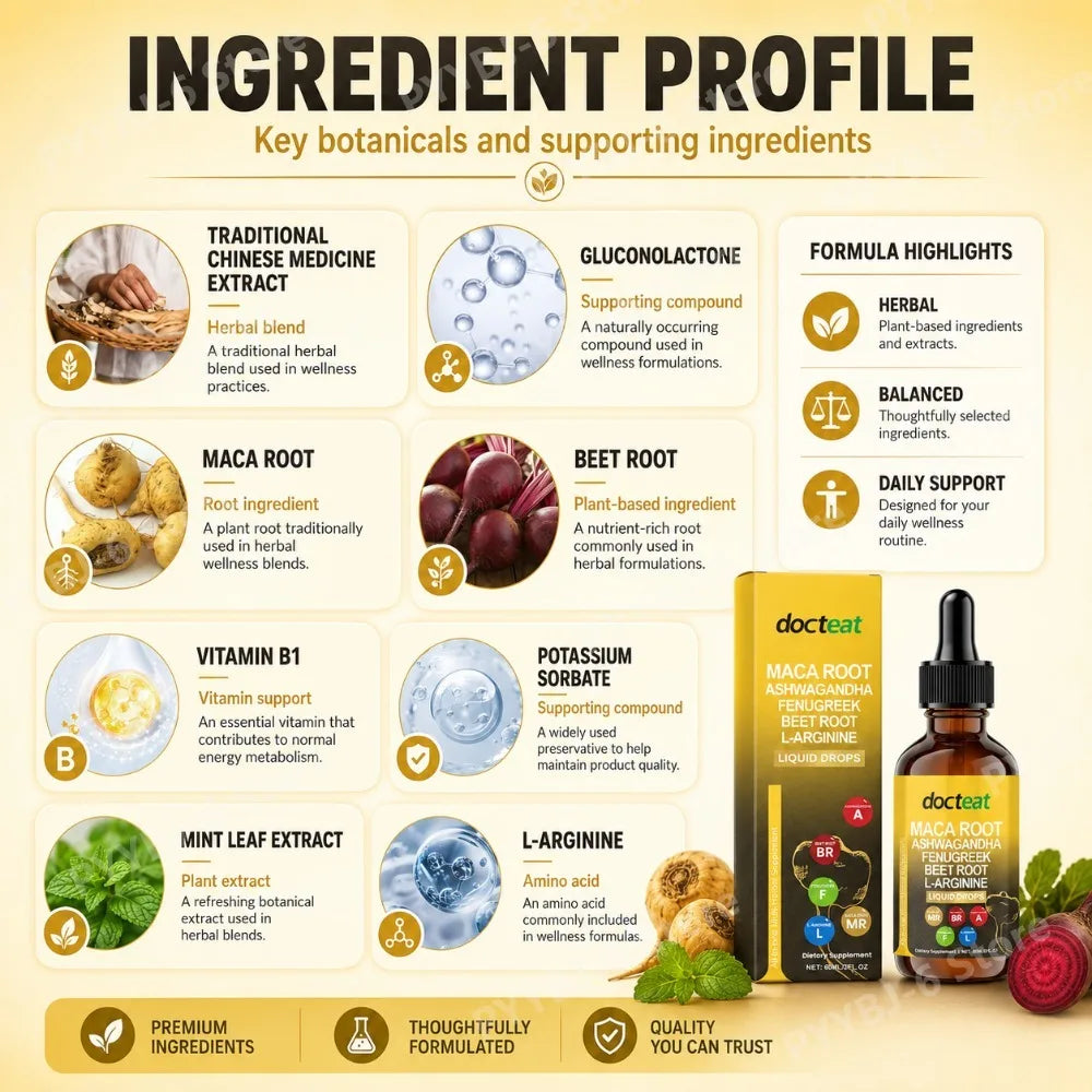Maca Root Beet Root L-Arginine Liquid Drops Herbal Supplement for Men Energy Vitality Active Daily Wellness Support 60ml