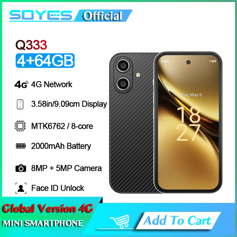 SOYES Q333 4GB RAM 64GB ROM Android 12.0 Smartphone MTK6762 2000mAh Face ID 4G LTE Type-C OTG 3.58‘’ Screen 8MP/5MP Small Phone
