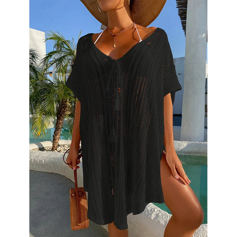 Knitting Binding Rope Bikini Cover Up Sexy Hollow Loose Dress Female Summer Swimsuit Beach Sunscreen Smock Dress