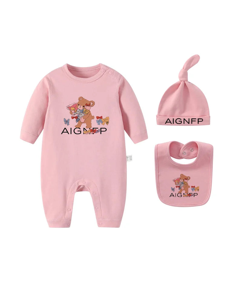Cute Bow Bear Romper Newborns Clothes Autumn 2025 Hot Sale New Toddler Jumpsuit Hat Bib scarf Set Baby Girls Long sleeves Romper
