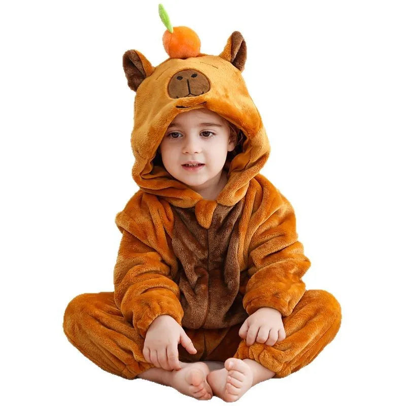 Baby Boy Girl Children Capybara Cosplay Costume Flannel Pajamas Set Cartoon Animal Suit Kids Baby Onesie Hooded Sleepwear