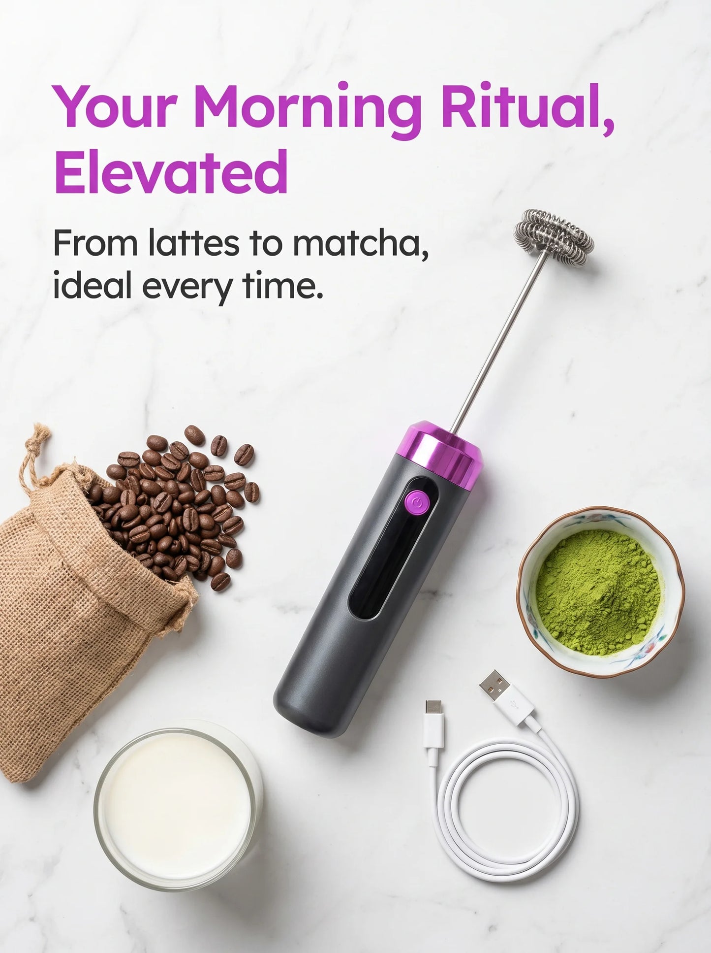 Electric Milk Frother USB Rechargeable Handheld 3 Speeds Coffee Foam Maker Cappuccino Frothing Wand Mixer for Kitchen Cafe Use