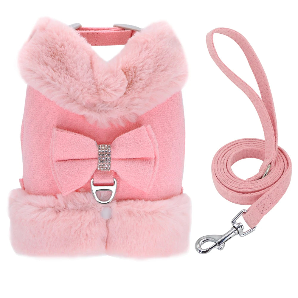 Soft Warm Dog Vest Harness and Leash Set Cute Bowknot Pet Winter Clothes Vest Warm Fur Small Dog Clothing French Bulldog Pink