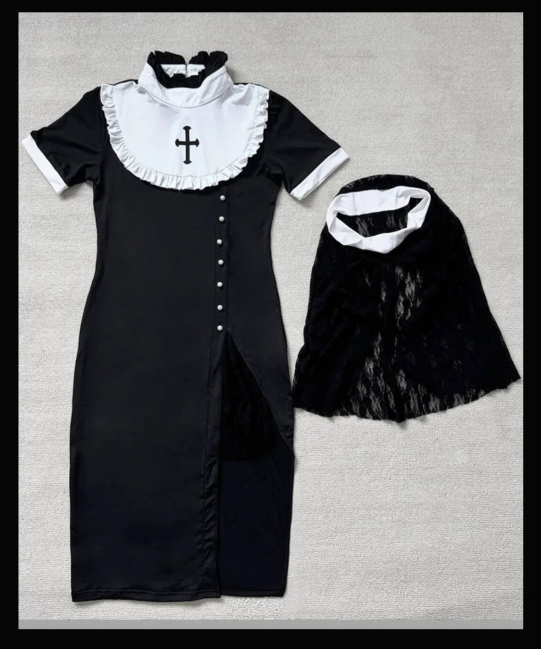 [You're My Secret] 2026 Halloween Cosplay Costumes Women's Vampire Costume Gothic Nun's Clothing Sexy Lace Slim Fit Black Dress