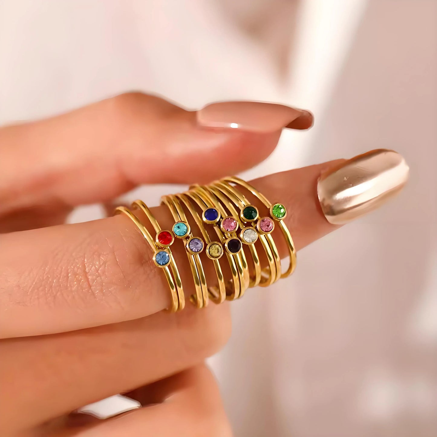 14K Gold Plated Stainless Steel Birthstone Ring for Women Tiny Thin Stacking Ring Colorful Zircon Crystal Aesthetic Jewelry Gift