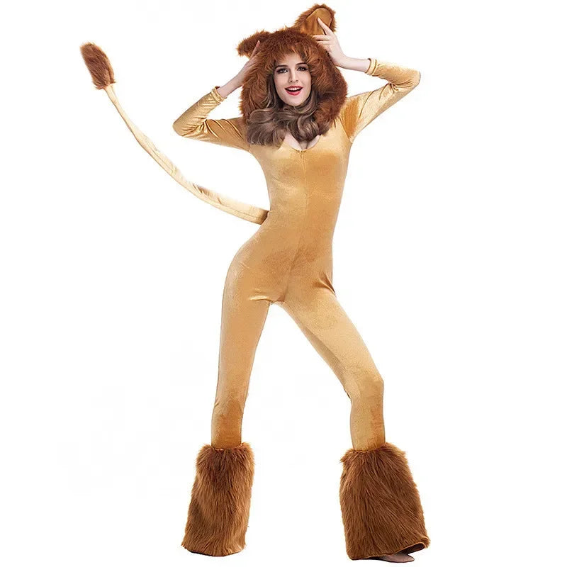 Halloween Costume For Adult Women Lion King Cosplay Animal Cartoon Lion Plush Hooded Jumpsuit With Tail+Leg Cover