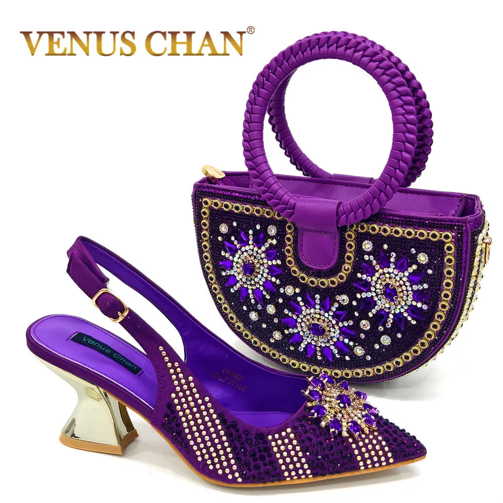 2024 New Designer Specials Italian Women Heels Shoes and Bag Set Royal Purple Color Comfortable With Rhinestone for Party