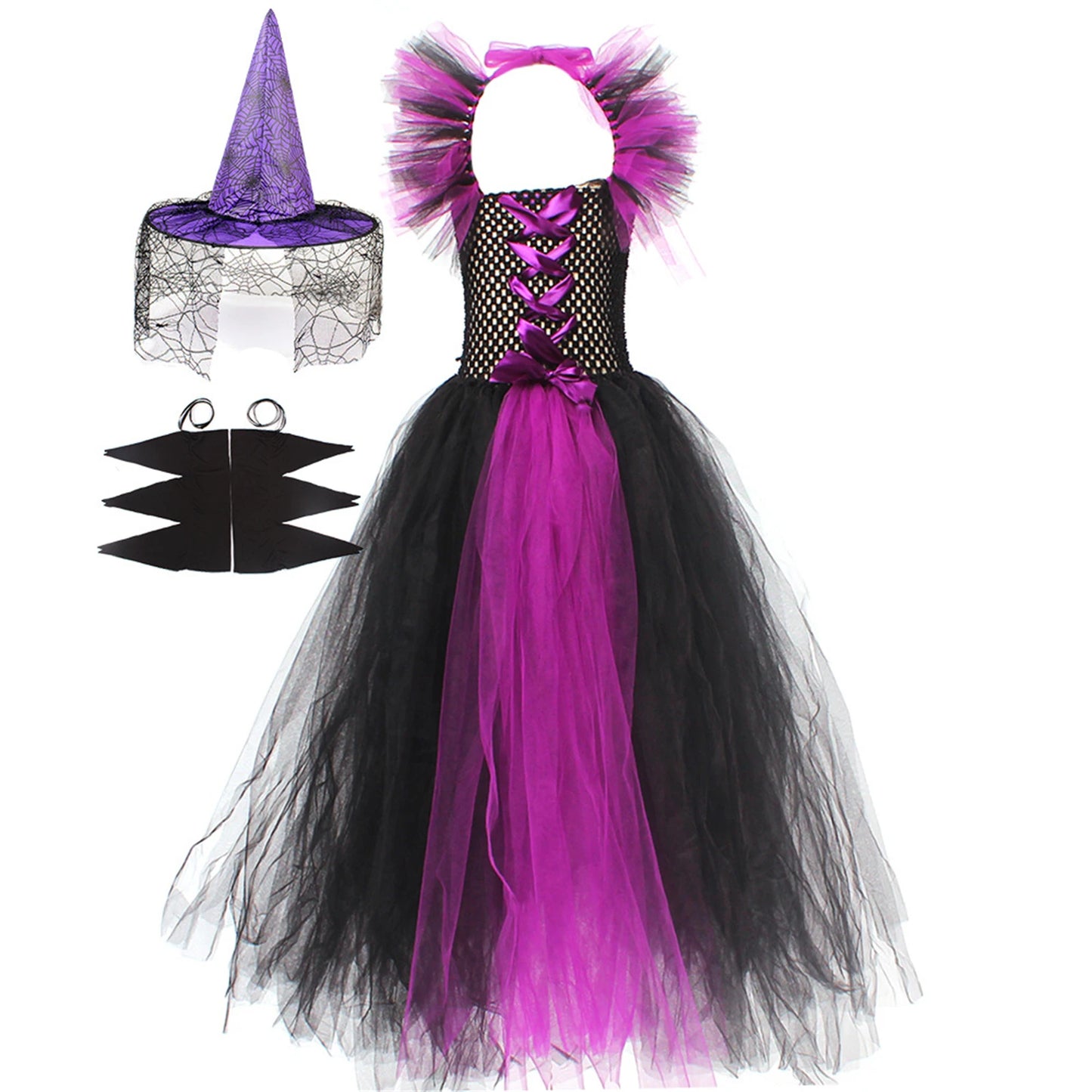 Halloween Witch Costume For Girls Kids Long Veil Dress Princess Dress Birthday Party Dress Stage Performance Dress