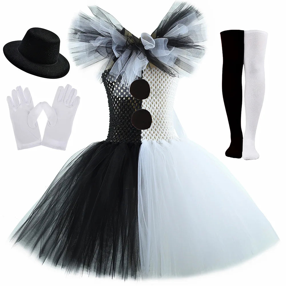 Girls Halloween Clown Costume Dress Kids Black White Scary Clown Dress with Hat Socks Gloves Set Carnival Cosplay Party Outfit