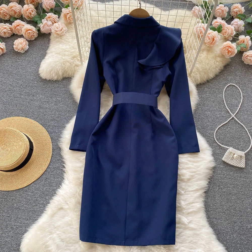 Women Elegant Office Dress Spring Autumn Long Sleeve Fashion Slim with Belt Midi Dresses Vintage Ladies Blazer Dress Vestidos