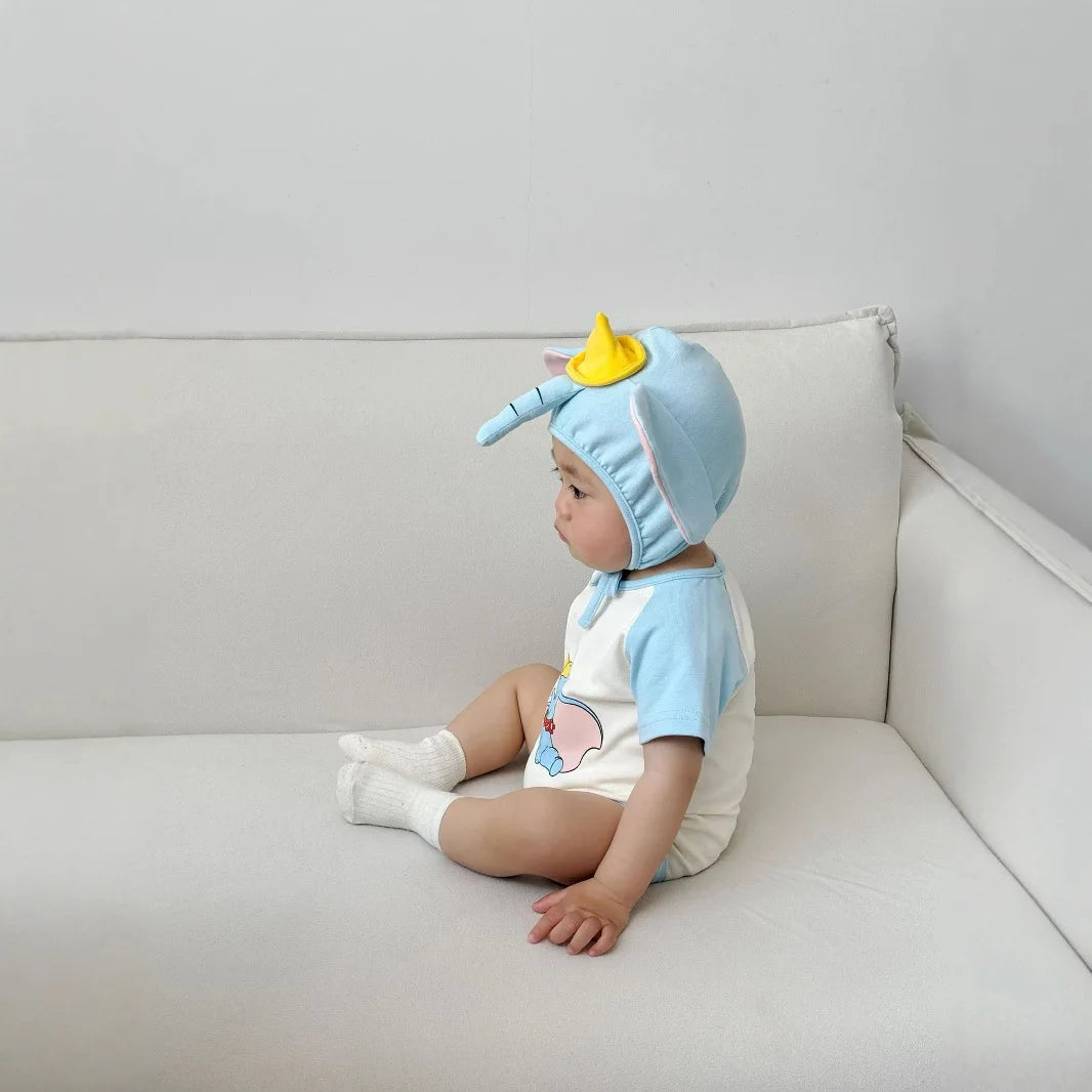 3D Elephant Print Baby Onesie with Hat Set Short Sleeve Romper Bodysuit Outfit Newborn Infant Summer Outfit Cute Animal Costume