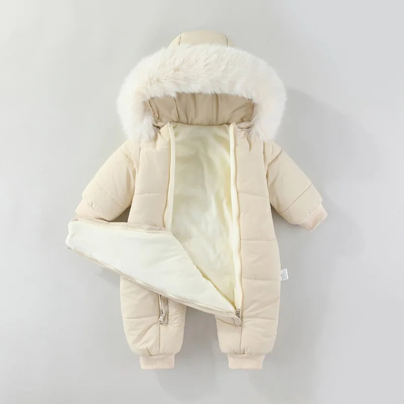 Newborn Baby Winter Snowsuit Furry Hooded Double Zipper Boys Girls Cotton Padded Jumpsuit 0-2Y Kids Warm Outwear Romper