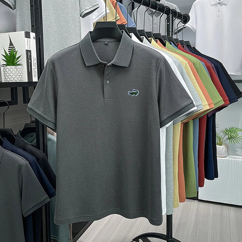 100% Cotton High-End Men New Short-Sleeved Polo Shirt Lapel Button Embroidery British Style Fashion Snug Hot-Selling Men's Wear