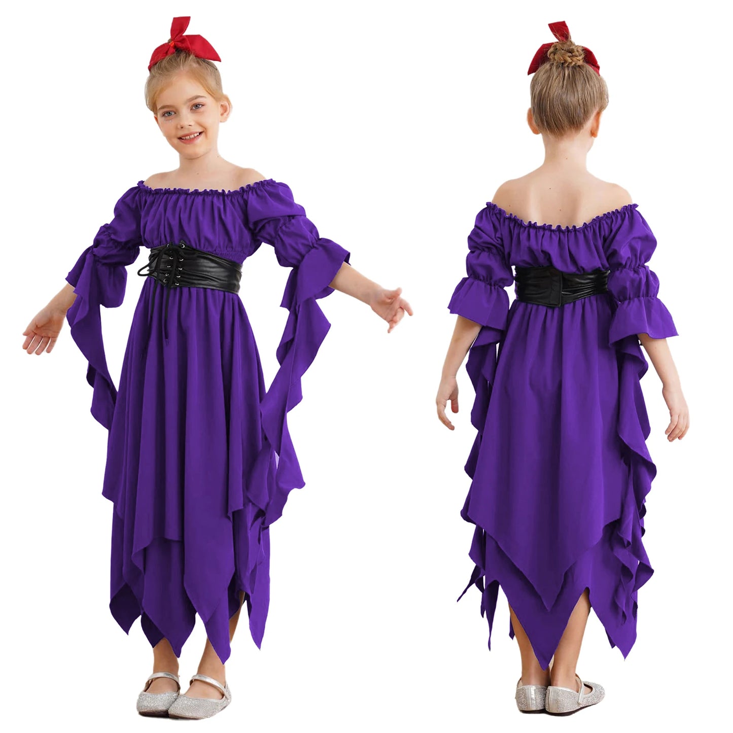 Girls Halloween Medieval Renaissance Witch Vampire Cosplay Costume Victorian Gothic Dress Off Shoulder Smocked Irregular Gown