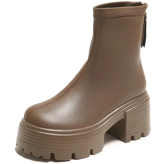 8CM Autumn Chunky Boots High Platform Leather Sneakers Women Round Toe Chelsea Boots British Style Thick Sole Female Ankle Shoes