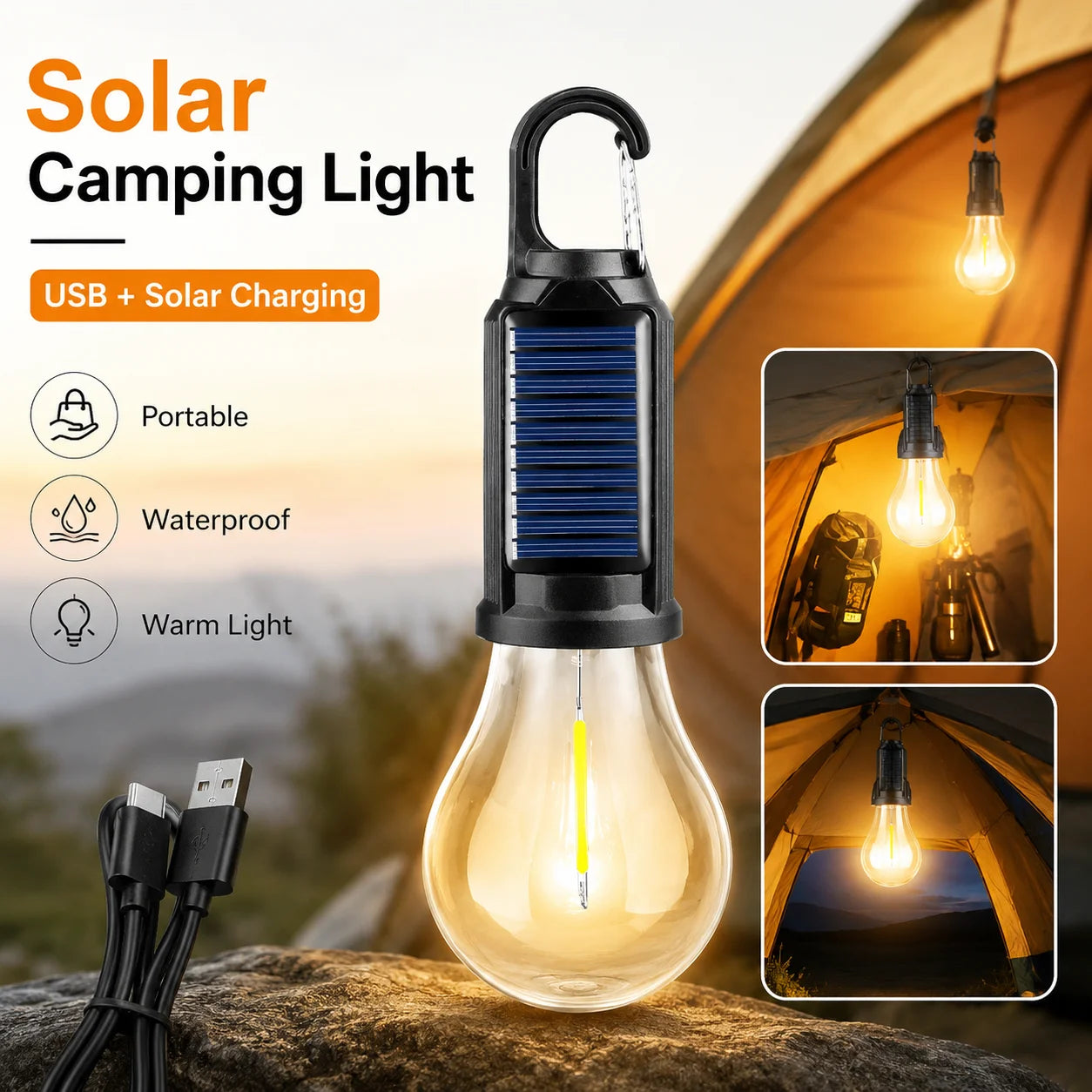 Solar Camping Light Bulb USB Rechargeable Hanging Tent Lamp Waterproof Portable Outdoor Lantern for Camping BBQ Garden Decor