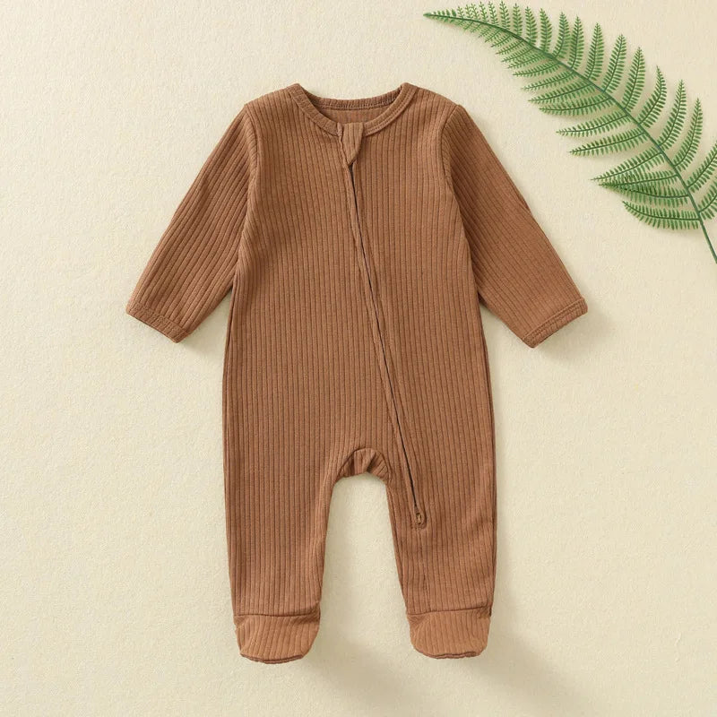 Autumn Zipper Baby Onesie Ribbed Knit Footed Romper Long Sleeve Solid Color Jumpsuit for 0-12M Newborn Infant Outfits