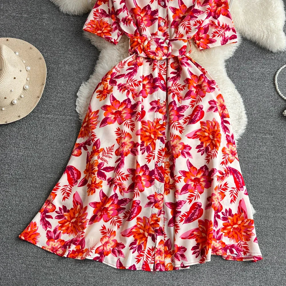 2024 New Summer Women Dress Fashion Print Floral A-line Shirt Dress with Belt Elegant Vintage Off Lady Dress Casual Vestidos