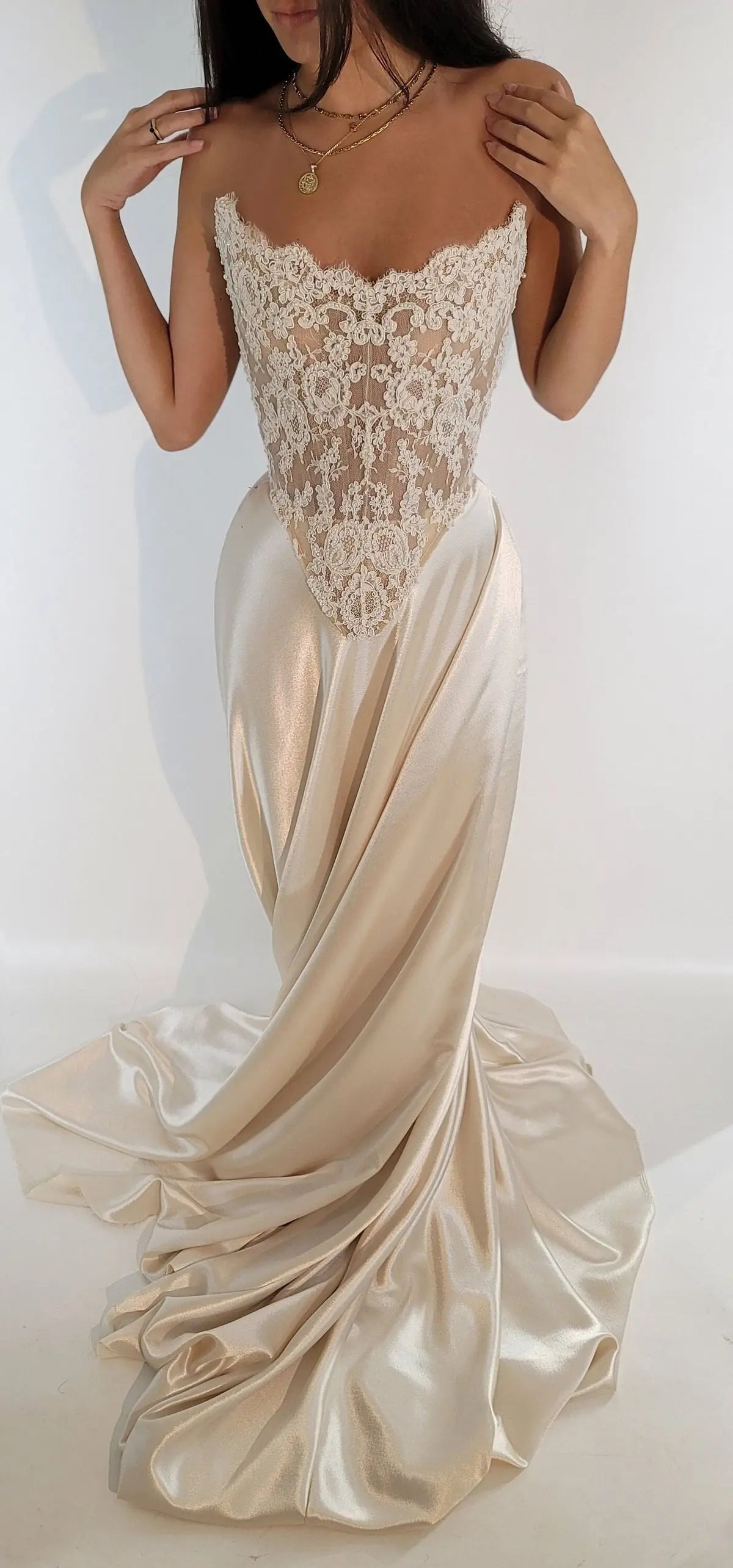 Modern Off Shoulder Beaded Lace Corset Wedding Dress with Satin Skirt and Train, Basque Waist Bridal Gown,