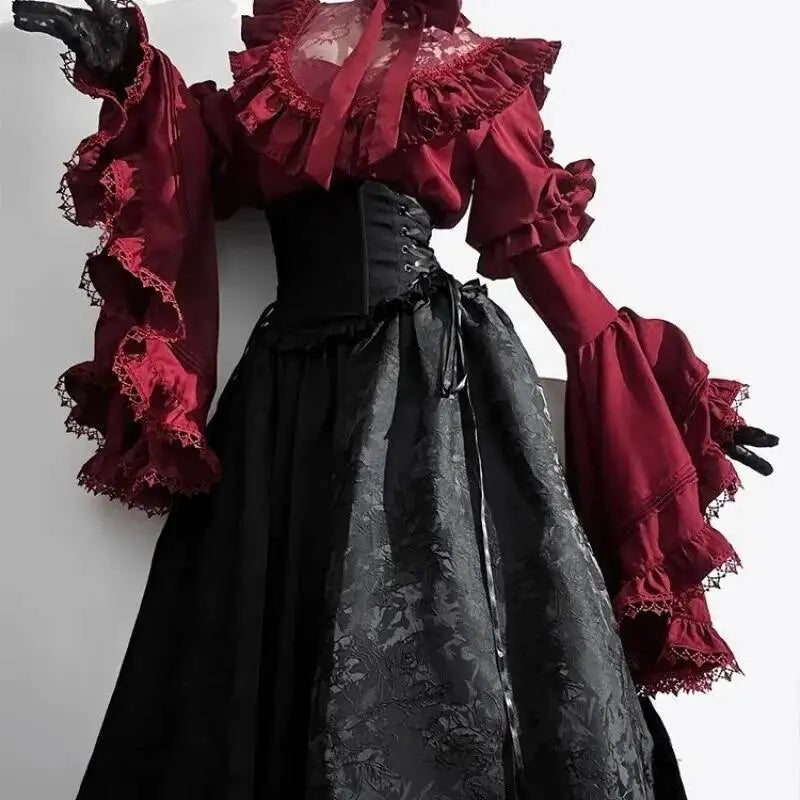 Halloween costume black and red gothic Lolita half skirt long skirt shirt two-piece set 2025 new Lolita