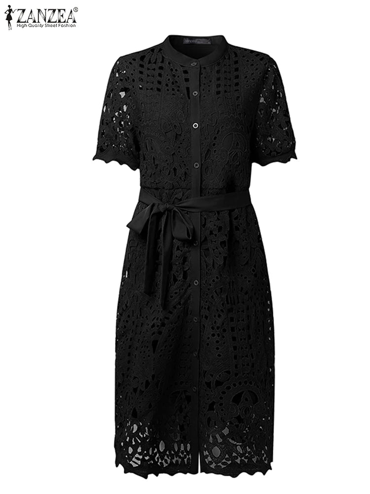 ZANZEA Elegant Lace Sundress Women Vintage Lace-Up Office Dress 2025 Summer Solid Hollow Out Vestidos A-Line CasualRobe Femme