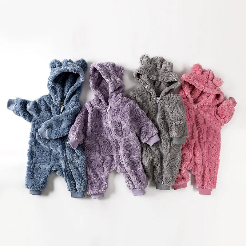 Winter Baby Bear Hooded Romper Thicken Fleece Warm Heart Flannel Toddler Girl Jumpsuits Infant Boy Bodysuit For Newborn Clothes