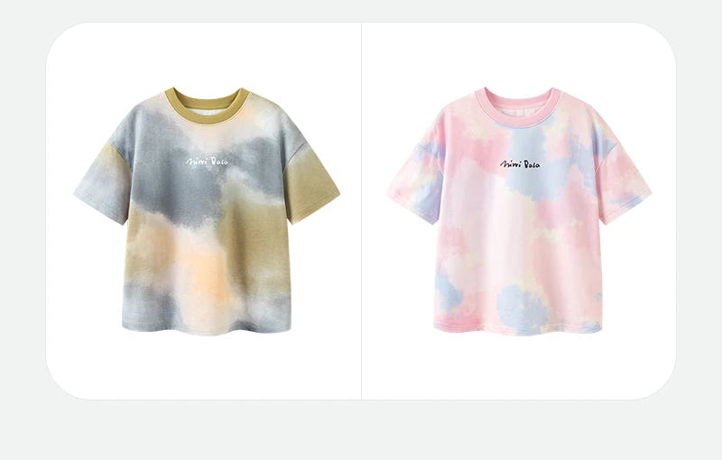 Mini Bala Short Sleeve T - Shirt Boys and Girls Baby Summer Clothes Breathable Pure Cotton Soft Cool Tie - dyed Kids Top