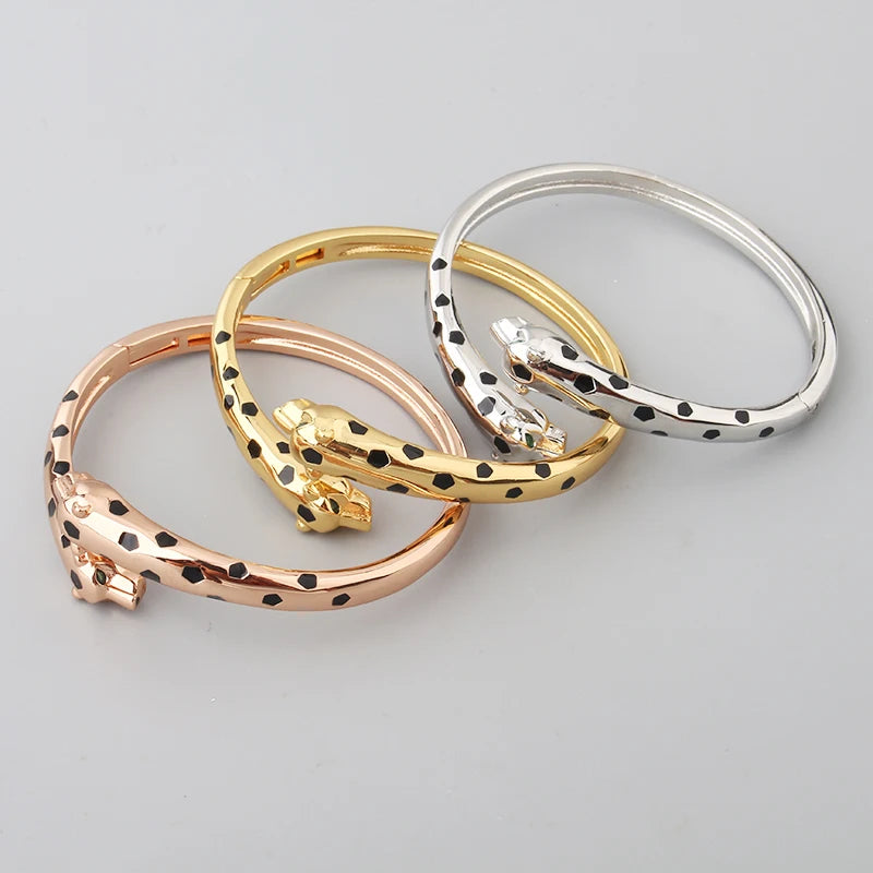 Luxury Fashion Cuff Bangle Charm Bracelet Brass Silver Color Czech Green Eyes Double Leopard Women Jewelry Gift New Arrivals