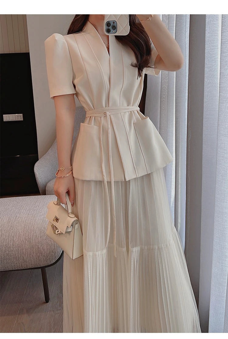 H Han Queen Elegant 2 Piece Office Dress Women Summer Simple Basic A-Line Dresses Short Sleeve Slim Long Casual Party Vestidos
