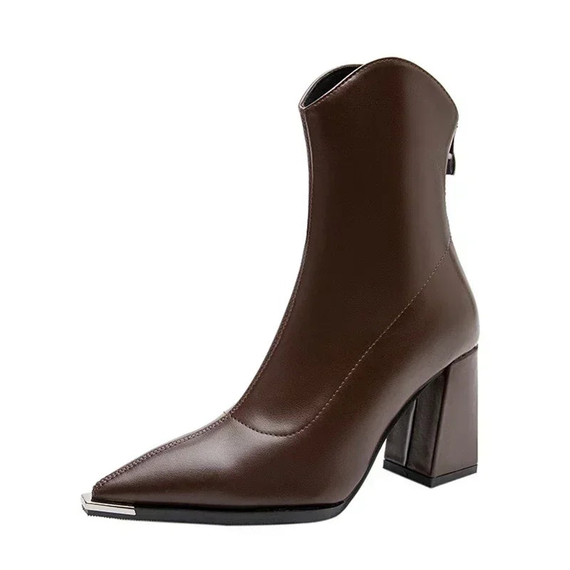 Spring 2024 New Women Ankle High Heels Shoes Zipper Chelsea Boots Brand Pointed Toe Boots Goth Designer Pumps Motorcycle Botas