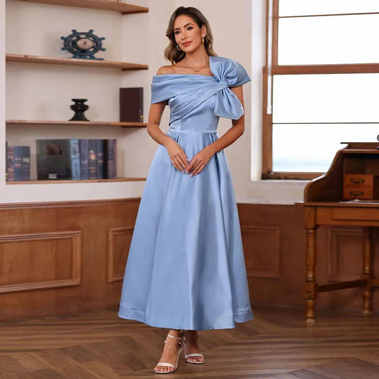 Modern Women's Cocktail Dresses Satin A-line Wedding Guest Dress Sky Blue One-shoulder Bow Pleat Ruched Mother of the Bride Gown