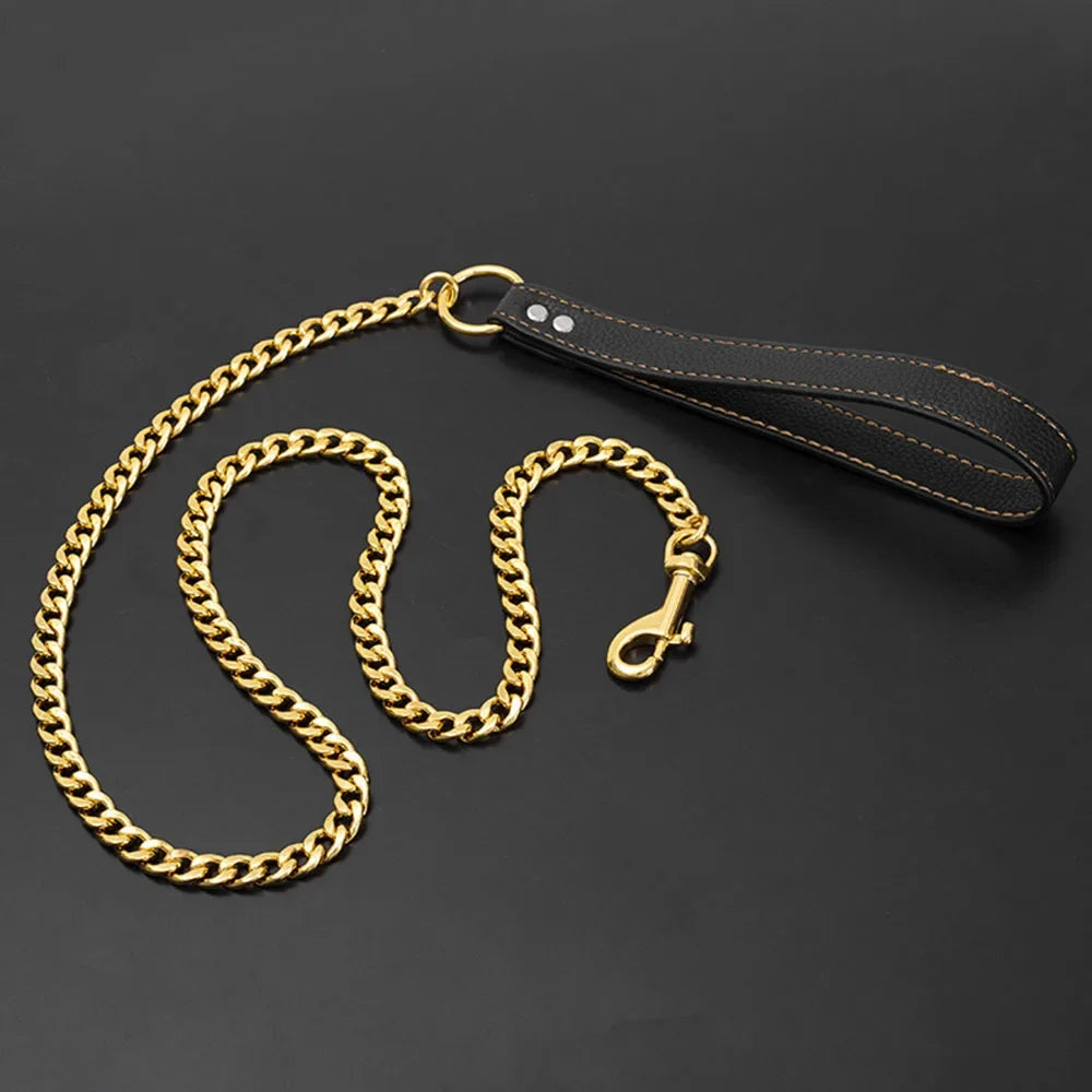 Stainless Steel Gold Chain Dog Leash Metal Chew Proof Heavy Duty Dog Leash Chain with Leather Padded Handle for Large Medium Dog