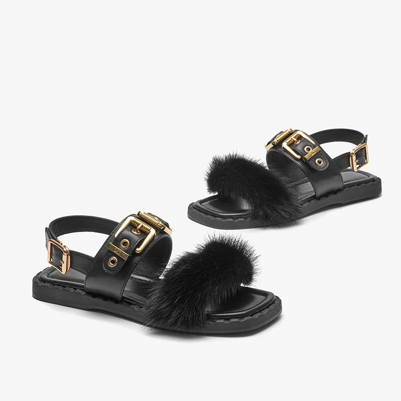 BeauToday Flat Sandals Women Cow Leather Square Toe Mink design Buckle Strap Elegant Female Furry Shoes Handmade 32372