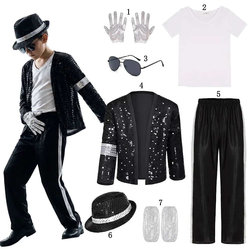 Adult Kid 80s 90s Pop Star Jackson Cosplay Outfit Hip Hop Dance Matching Family Costume for Halloween Carnival Stage Performance