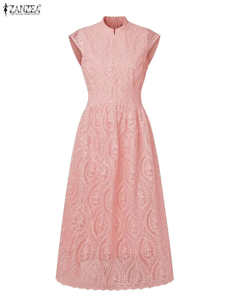 ZANZEA Elegant Women's Wedding Guest Party Midi Dress Embroidered Mesh Patchwork Stand Collar Cap Sleeve Dresses Woman Clothes