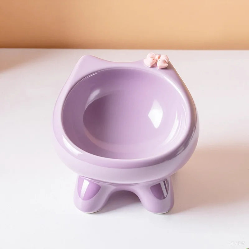 Ceramic Heightening Bowl Set | Cute Macaron Color Series，Slanted Spill-Proof，Cat Slow Feeder Bowl，InsEasy to Clean，Multi-Color O