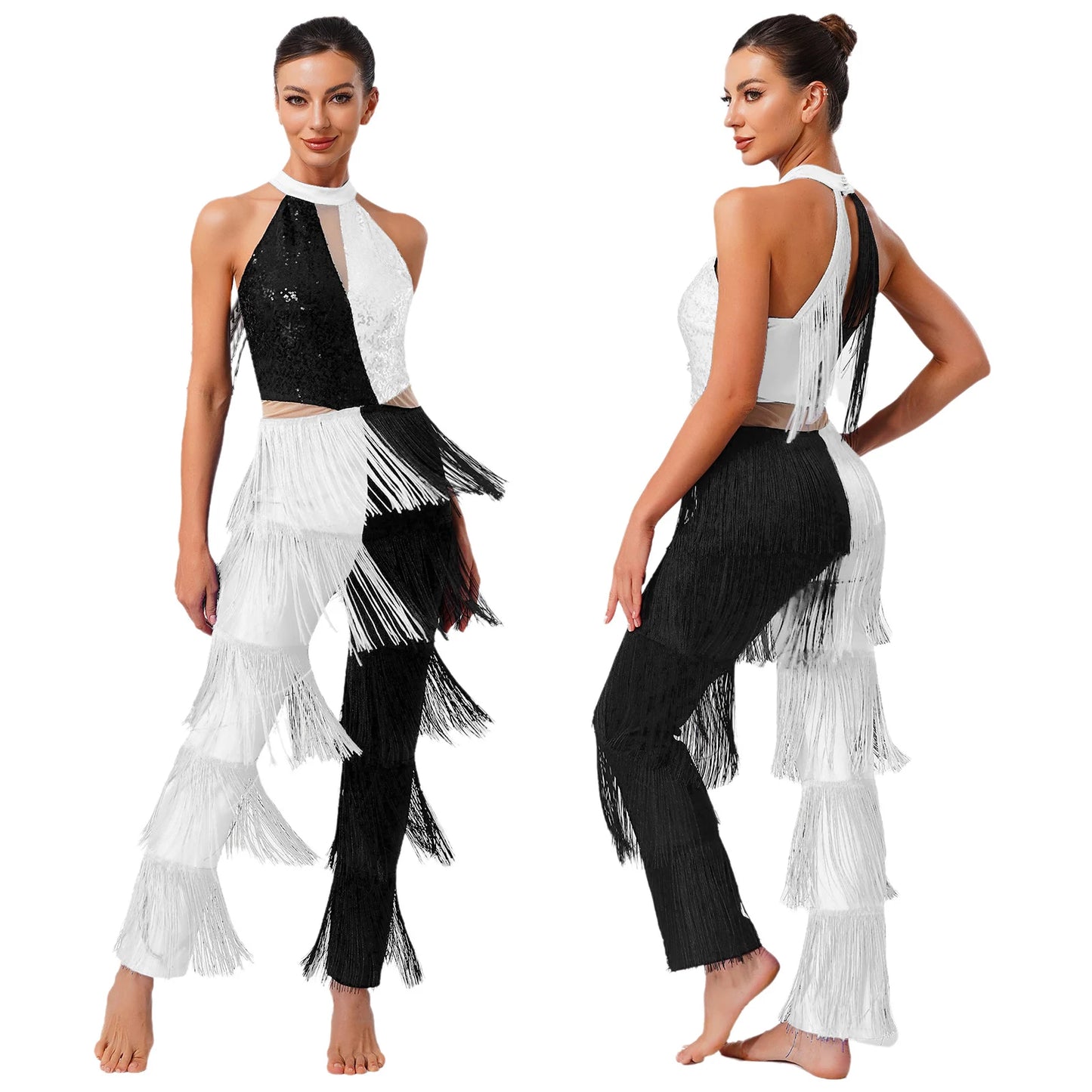 Halloween Hippie Costume womne Vintage 70s Disco Stage Performance Dancing Jumpsuit Singer Sequins Tassel Tango Cha-cha Costumes