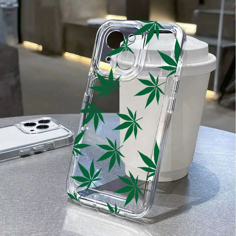 Green Leaf Pattern Phone Case for iPhone 17 Air 16 15 14 11 Pro Max Plus 13 12 Mini X 8 7 Soft TPU Back Cover Coque