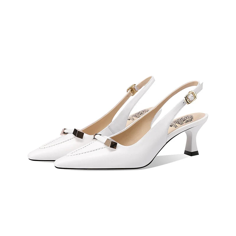 【JOCHEBED HU】Summer Brand Genuine Leather Mid Heels Women Sandals Fashion Slingback Pumps Office Lady Shoes 33-43
