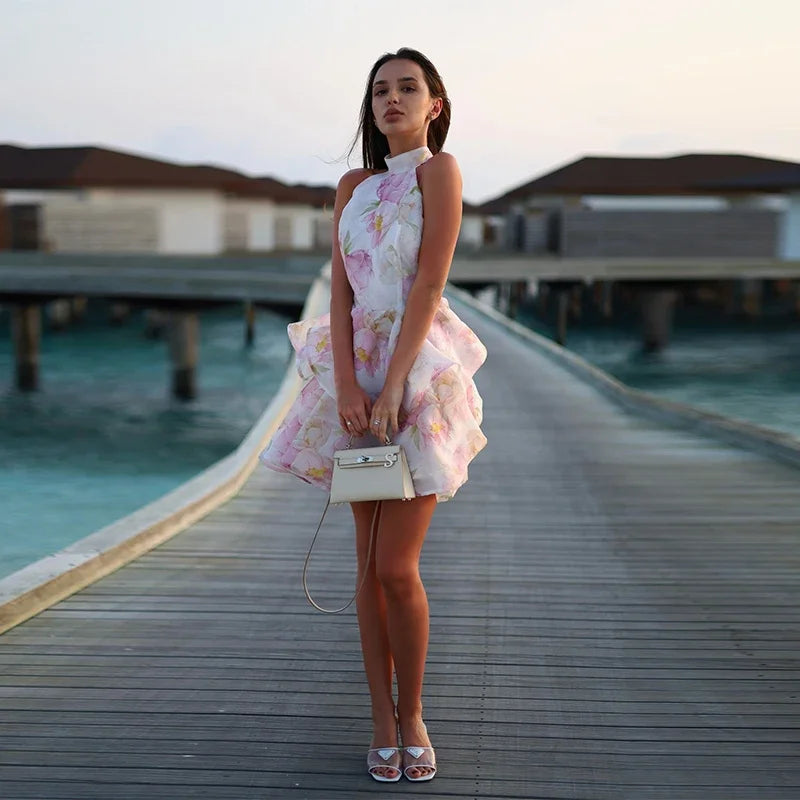 Modest Sweet Printed Neck Strap Mini Dress For Women High Waist Sexy Dresses Summer Elegant Tiered Clothing