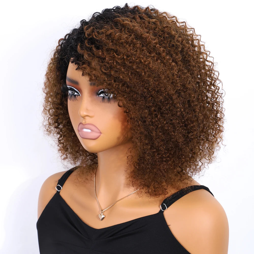Lekker Highlight Brown Kinky Curly Bob 100% Human Hair Wigs For Women Brazilian Remy Hair Full Machine Made Clearance Curly Wigs