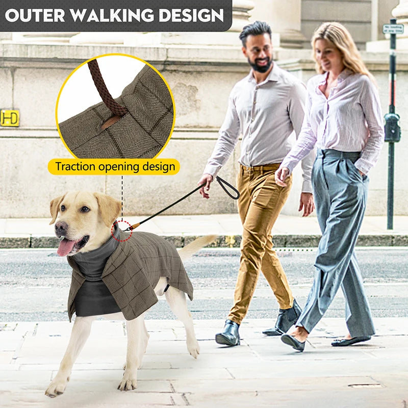 Thickened British Style Luxury Designer Dog Clothes High-neck Fashionable Plaid Dog Jacket with Leash Hook Large Dogs Dresses
