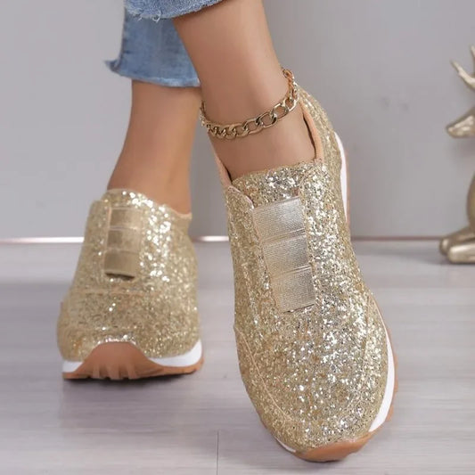2025 Autumn New Fashion Slip-on Low-heeled Women's Sneakers Gold Silver Trend Sport Shoes Ladies Outdoor Casual Walking Shoes