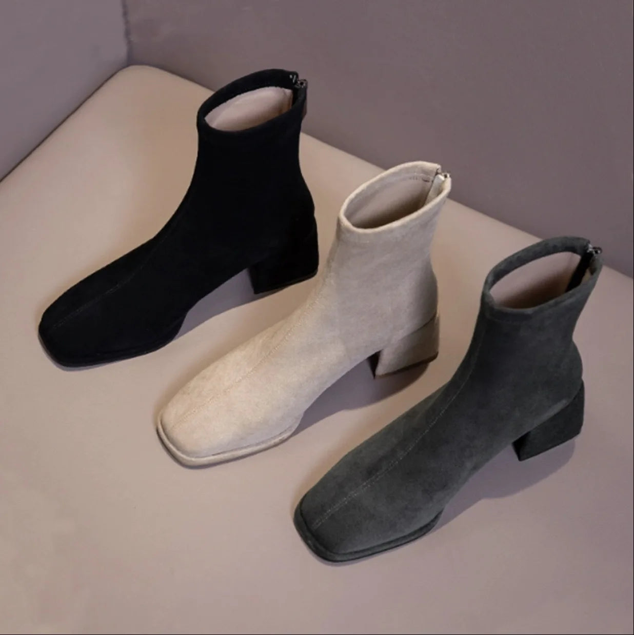 2023 Autumn/Winter New Square Headed Suede Short Boots Women's Boot with Thick Heels and Mid Heel Single Boots