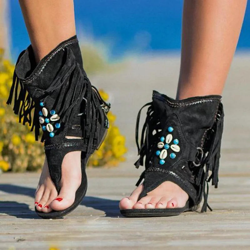 Womens Bohemian Ethinc Style Clip Toe Sandals Summer Breathable Tassel Flat Shoes Comfortable Vacation Beach Sandals Zapatos