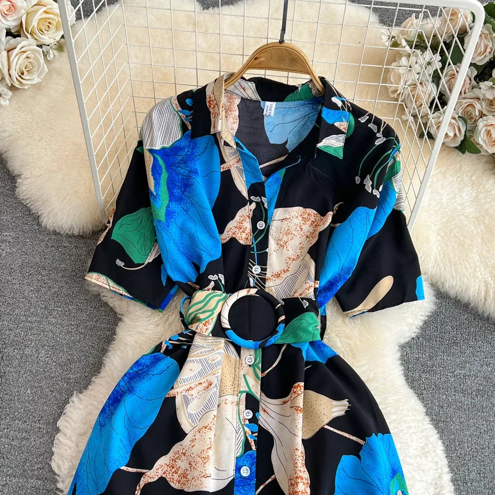 2024 New Summer Women Dress Fashion Print Floral A-line Shirt Dress with Belt Elegant Vintage Off Lady Dress Casual Vestidos
