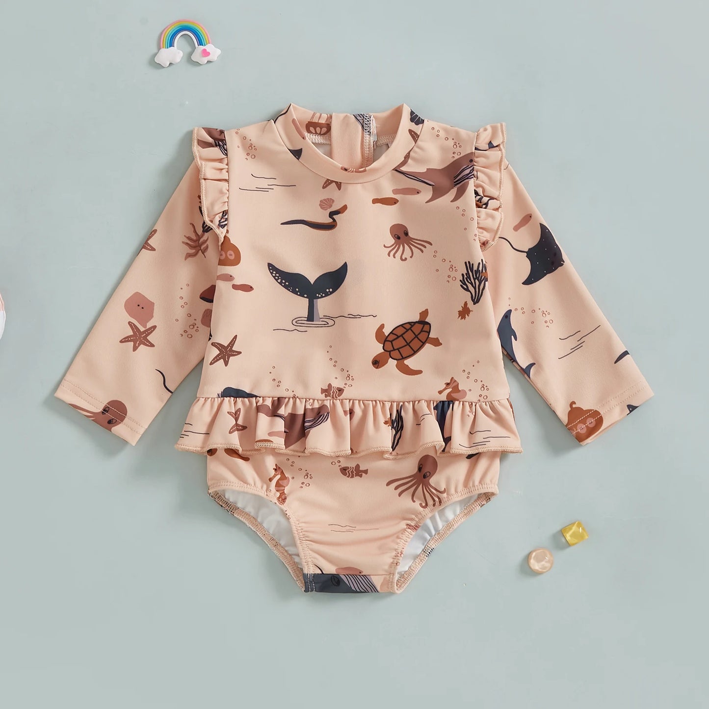 MISOWMNJOY Cute Baby Girls Long Sleeve Swimsuit Beachwear Ocean Elements Print Ruffle Toddler Infant Bathing Suit Swimwear