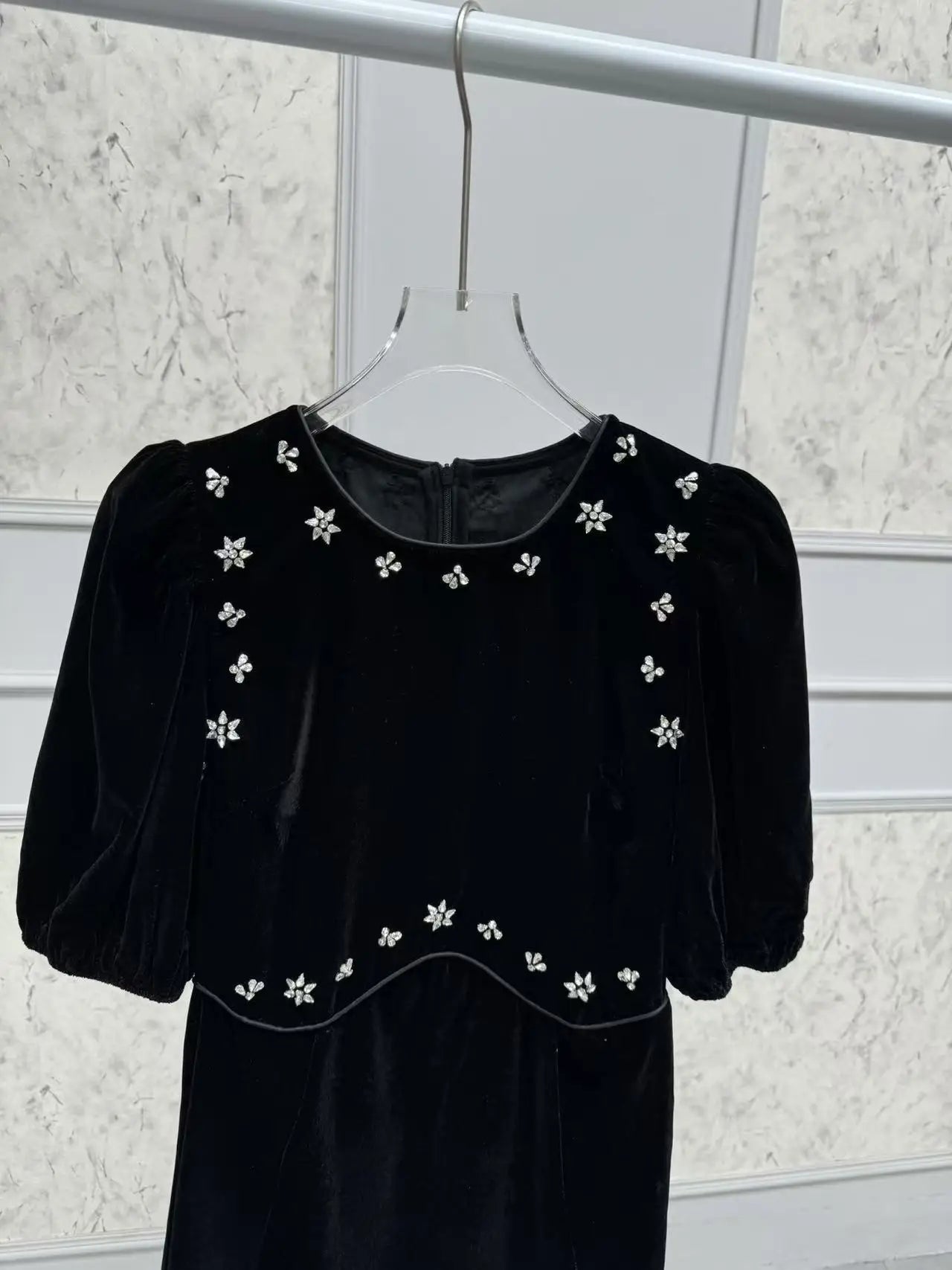 Handmade Nail Beaded Women Velvet Midi Dress Puff Sleeve Slim Waist Female Elegant Evening Dresss Spring Summer