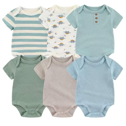Newborn Ribbed Bodysuits Set 6PCS Cotton Baby Girl Clothes Animal Print Baby Boy clothes Solid Color Short Sleeve