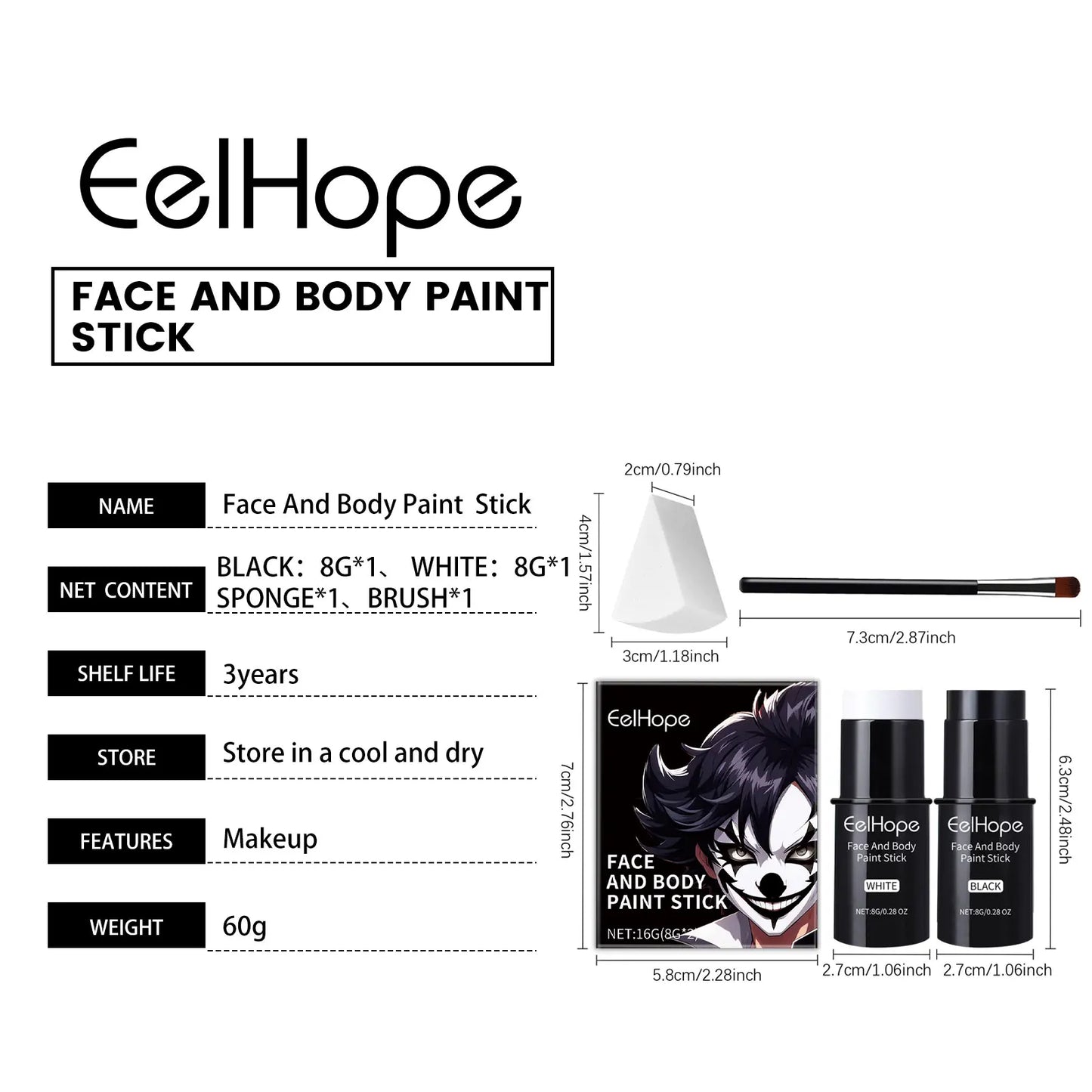 Halloween Black White Face Body Paint Kit Full Coverage Lighweight Foundation Clown Joker Makeup Festive Makeup Accessories Set